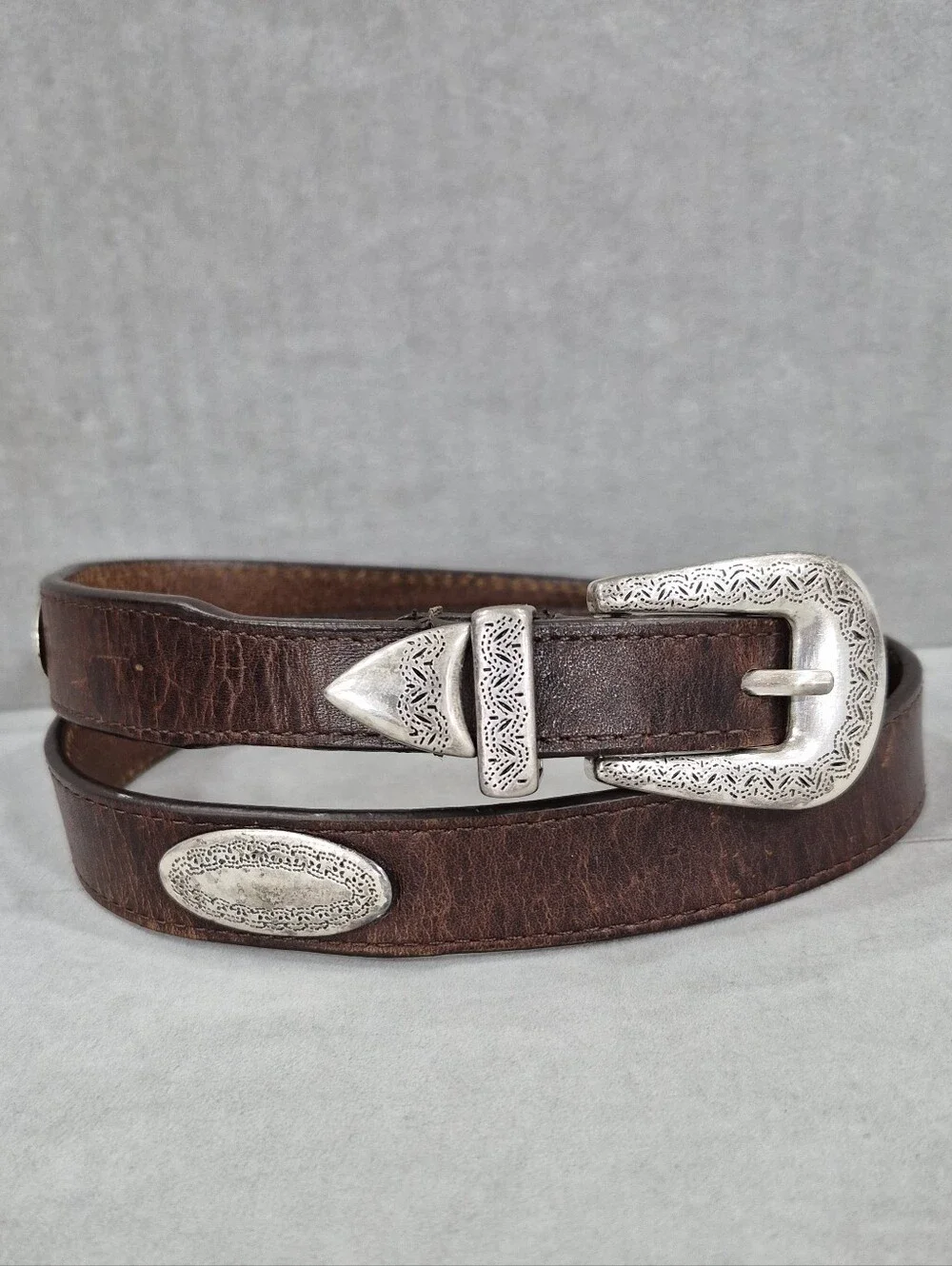 Western belt women's large brown cowhide leather etched antiqued silver hardware